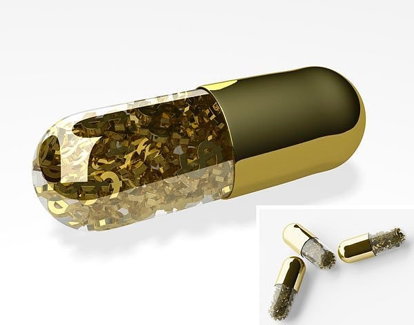 Thuốc vàng Viên thuốc nhỏ này chứa đầy những miếng vàng 24 karat hình đồng đô la trong đó. Muốn mua được những viên thuốc vàng này, bạn phải bỏ ra 425 USD/viên.